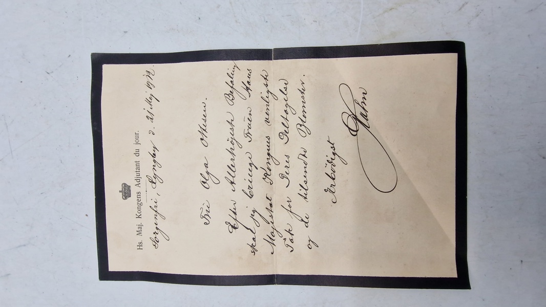 Sjældent originalt takkekort for deltagelse ved Kong Frederik 8’s begravelse i 1912