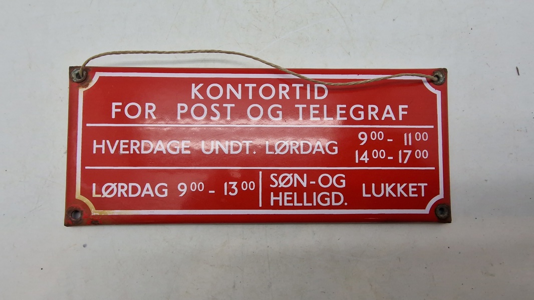 Emaljeskilt fra post og telegrafvæsnet. Originalt