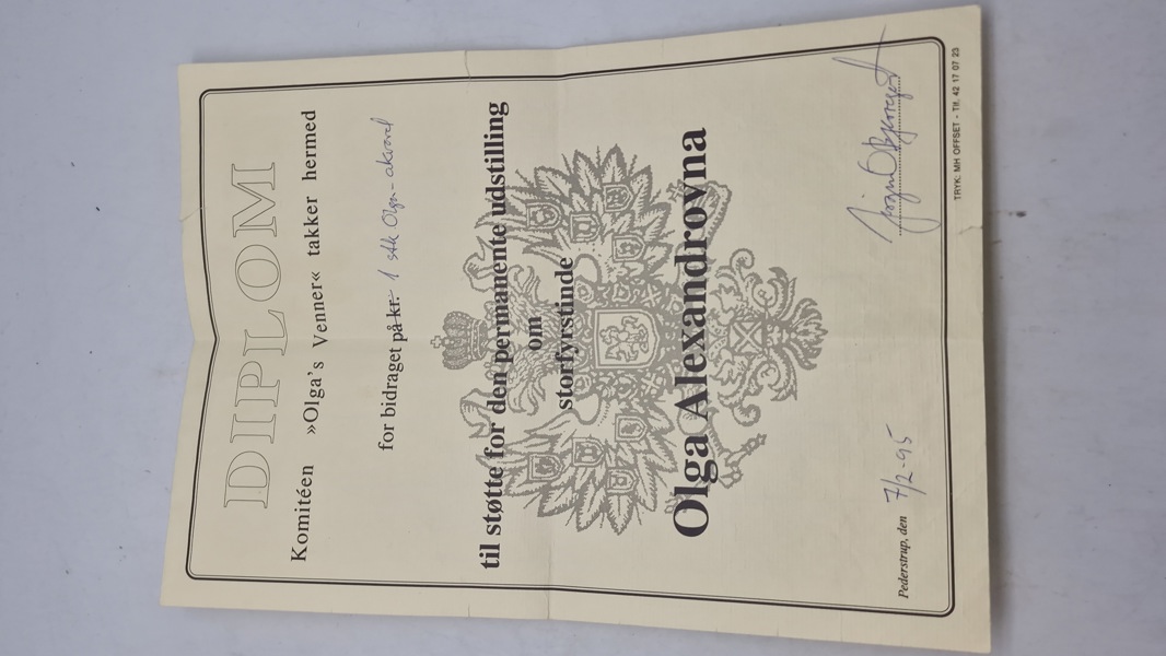 diplom fra komitéen "Olga's Venner". Originalt