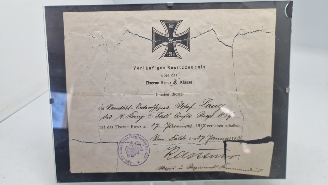 Midlertidigt urkunde (Vorläufiges Besitzzeugnis) på Eisernes Kreuz 2.kl ww1. Originalt 