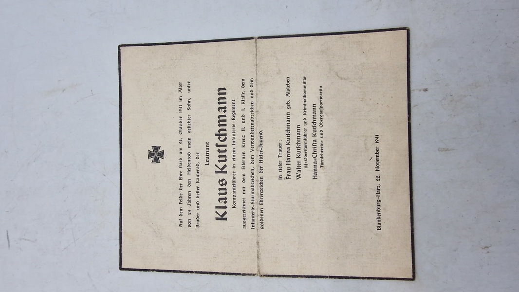 dødsannonce for Klaus Kutschmann, en tysk løjtnant, der døde i kamp under Anden Verdenskrig. Orignal