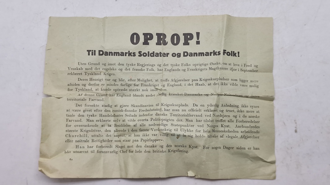 Oprop, nedkastet over danske byer 9.april 1940, original