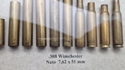 Display Ammunitionsarsenalet Trækstadier for 308. Winchester Nato 
7,62 x 51 mm samt løspatron. 32 x 20 Cm 