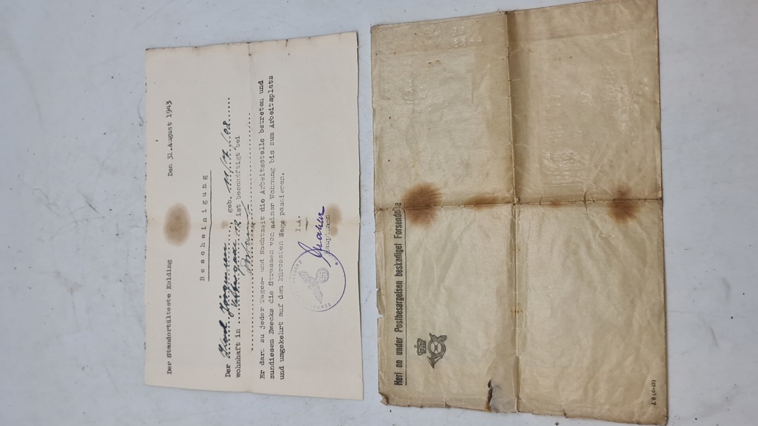 Bescheinigung (attest) udstedt den 31. august 1943 i Kolding under den tyske besættelse af Danmark. Original