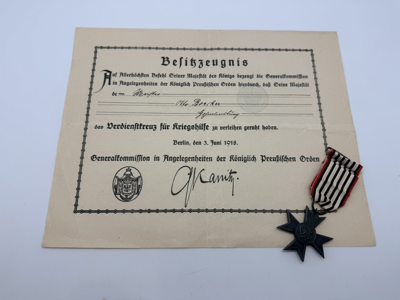 Verdienstkreuz für Kriegshilfe med Besitzzeugnis, ww1. Originalt 