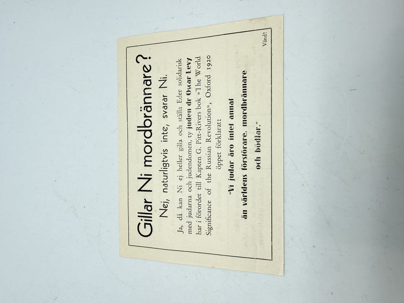 Svensk Nazistisk løbeseddel WW2, ekstremt sjælden 