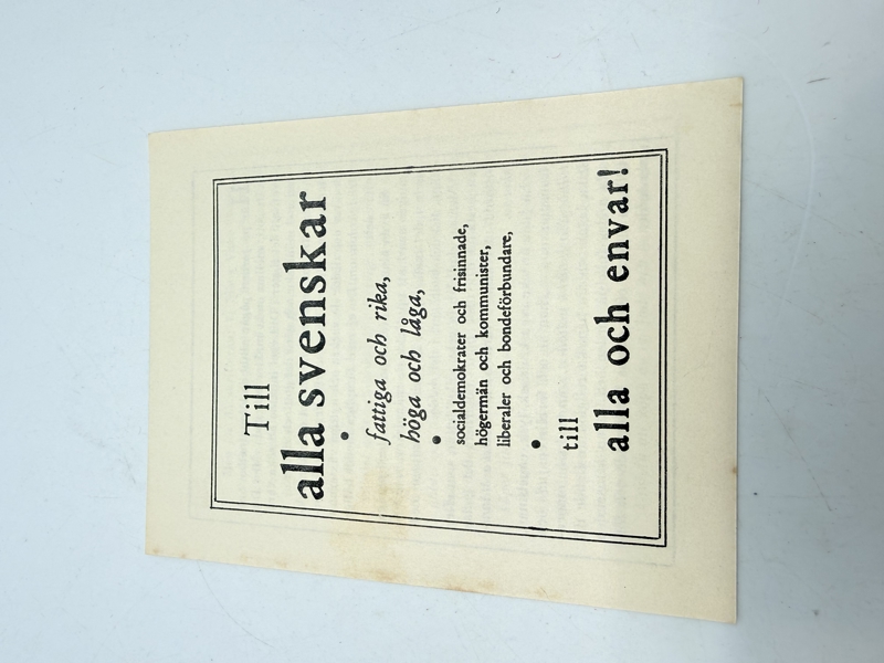 Svensk Nazistisk løbeseddel WW2, ekstremt sjælden 