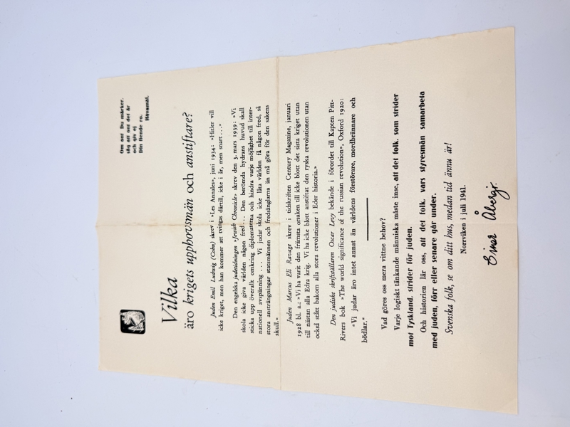 Svensk Nazistisk løbeseddel WW2, ekstremt sjælden 