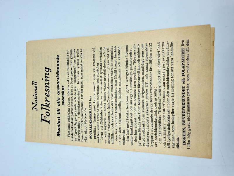 Svensk Nazistisk løbeseddel WW2, ekstremt sjælden 