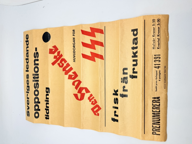 Svensk Nazistisk Plakat  WW2, ekstremt sjælden 