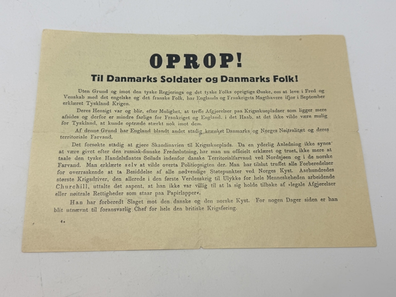 Oprop nedkastet over Danmark den 9 april 1940, original 