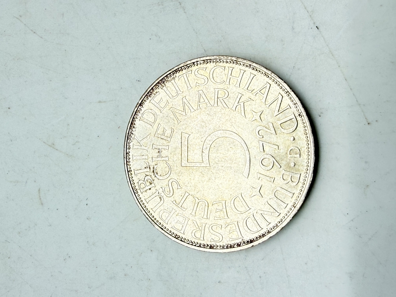 Tysk 5 Mark Sølvmønt 1972, 