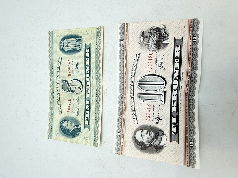 Gamle danske 10- og 5 kr. sedler 