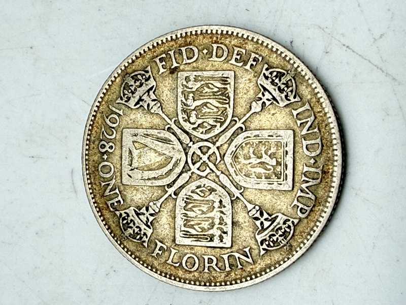Engelsk florin 1928 i sølv, 11 gram 0.500 lødighed