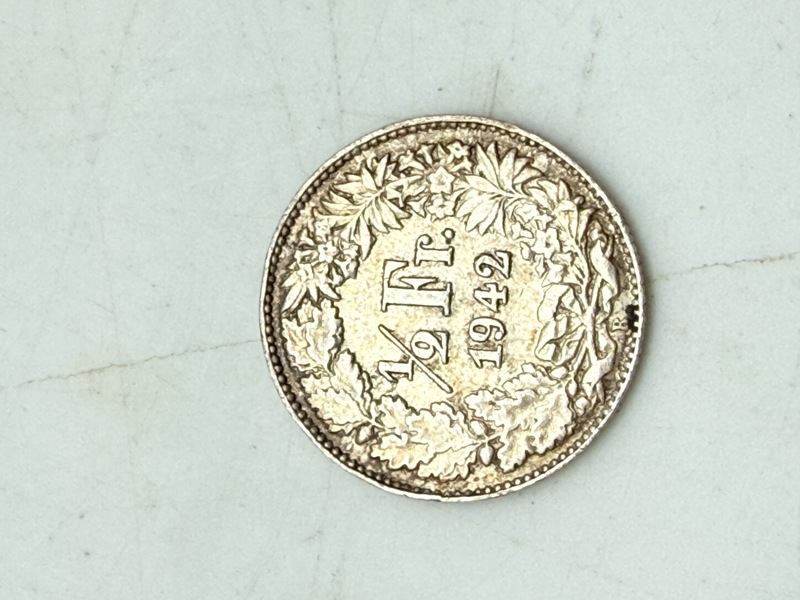 Schweizisk halvfrank 1942 i sølv, 2,5 gram 0.835 lødighed