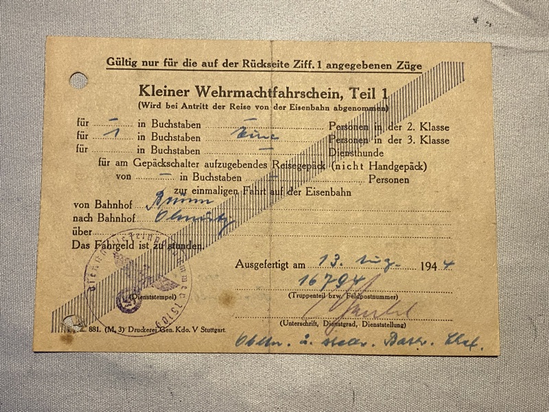 Originalt tysk kleiner Wehrmachtfahrschein - ww2