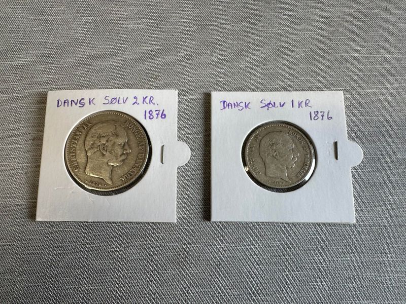 Originale Danske sølv 2 og 1 kr 1876