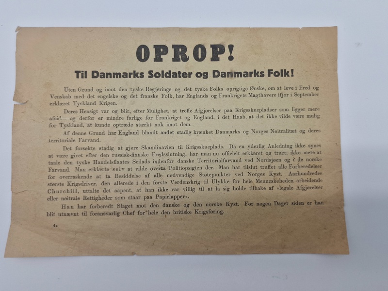 Originalt Oprop - nedkastet over Danmark 9.april 1940 