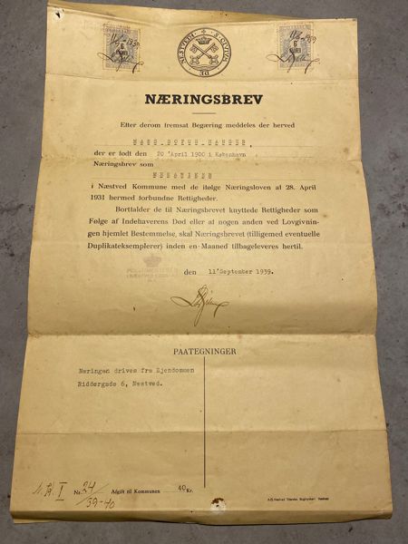 Originalt næringsbrev Næstved 1939