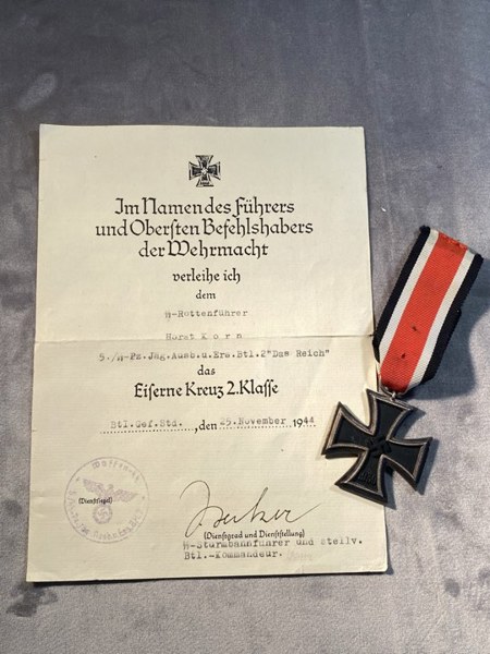 Ekstremt sjældent originalt PZ div “Das Reich” Waffen SS urkunde givet til SS Rottenführer Horst Korn under Ardenneroffensiven 