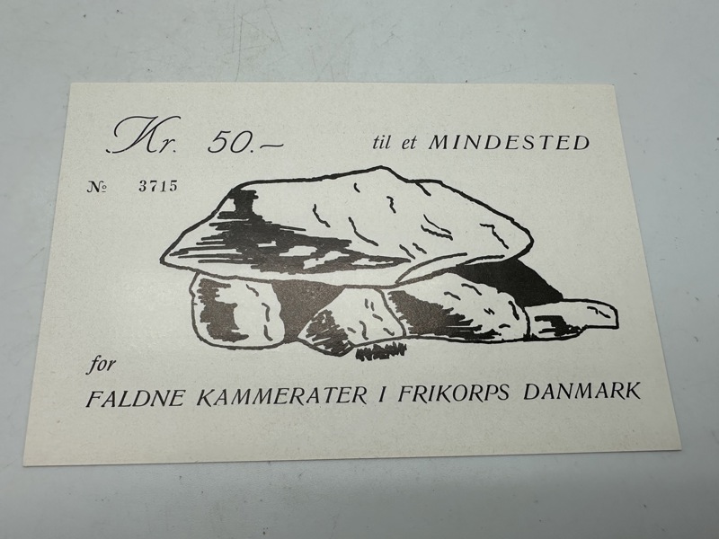 Original 50 kr donations seddel fra Frikorps Danmarks mindehøj, sjælden 