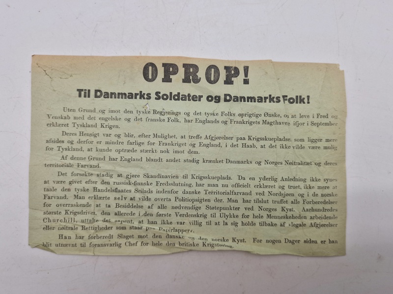 Originalt tysk nedkastet Oprop fra 9.april 1940