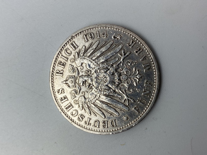 Original Deutsches Reich 5 Mark fra 1914 - af sølv 