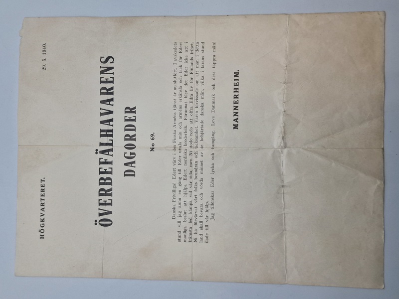 Originalt eksemplar af Överbefälhavarens Dagorder nr 60, 9.5.1940 (Ylipäällikön Päiväkäsky) Finland WW2