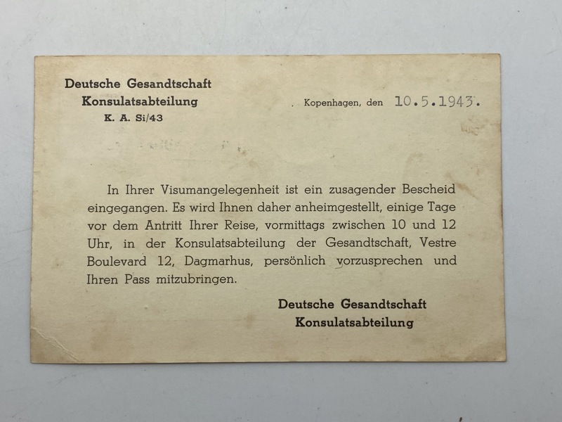 Originalt brev afsendt 1943 fra Dagmarhus til dansk borger i Holte mhp visum 